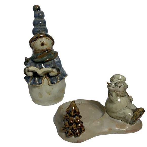 Holiday Candle Holder Set with Snowman Figurine Glazed Ceramic Christmas 2 Piece - Picture 9 of 13